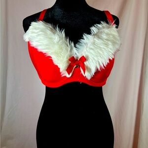 Festive Red and White Women's Bra with Faux Fur Trim